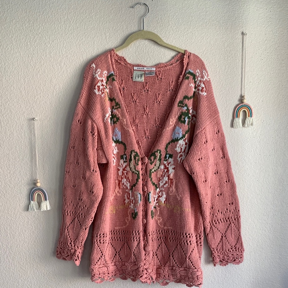 Vintage 80s 90s Grunge Floral Hand Knitted Long Sweater M